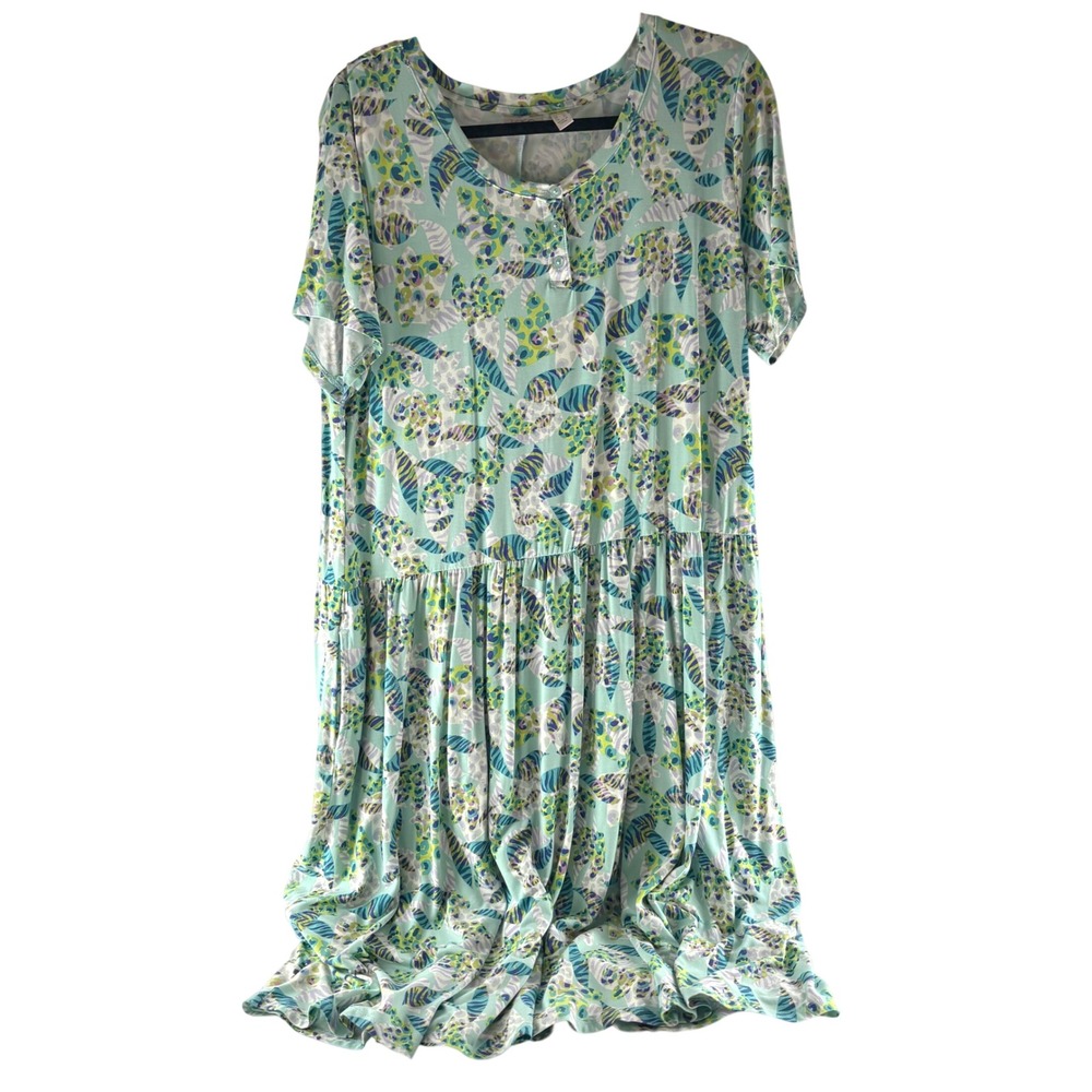 LOGO Lori Goldstein Abstract Tropical Print Babydoll Knit Dress Mint Green L